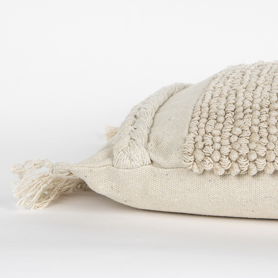 Ivory Braided Stripe Macrame Fringe Lumbar Pillow-2