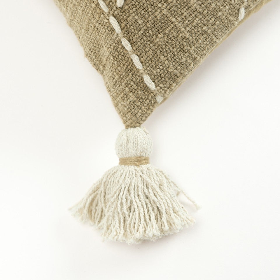 Khaki Cream Kantha Stitch Tasseled Throw Pillow-2