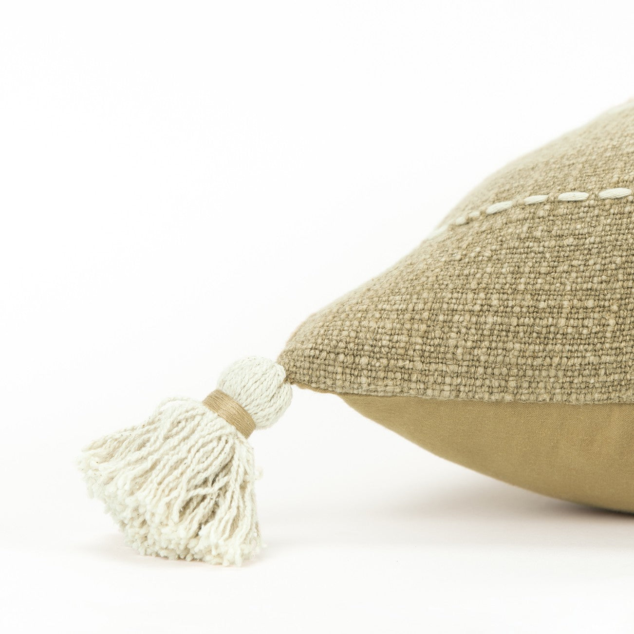 Khaki Cream Kantha Stitch Tasseled Throw Pillow-3