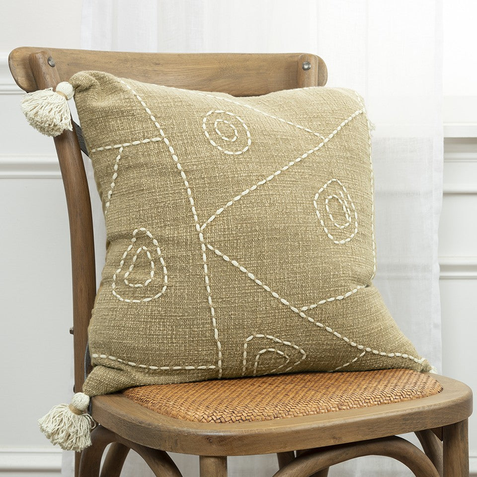 Khaki Cream Kantha Stitch Tasseled Throw Pillow-7