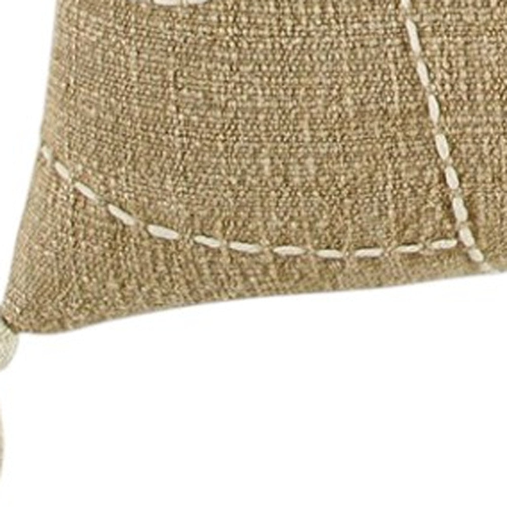 Khaki Cream Kantha Stitch Tasseled Throw Pillow-6