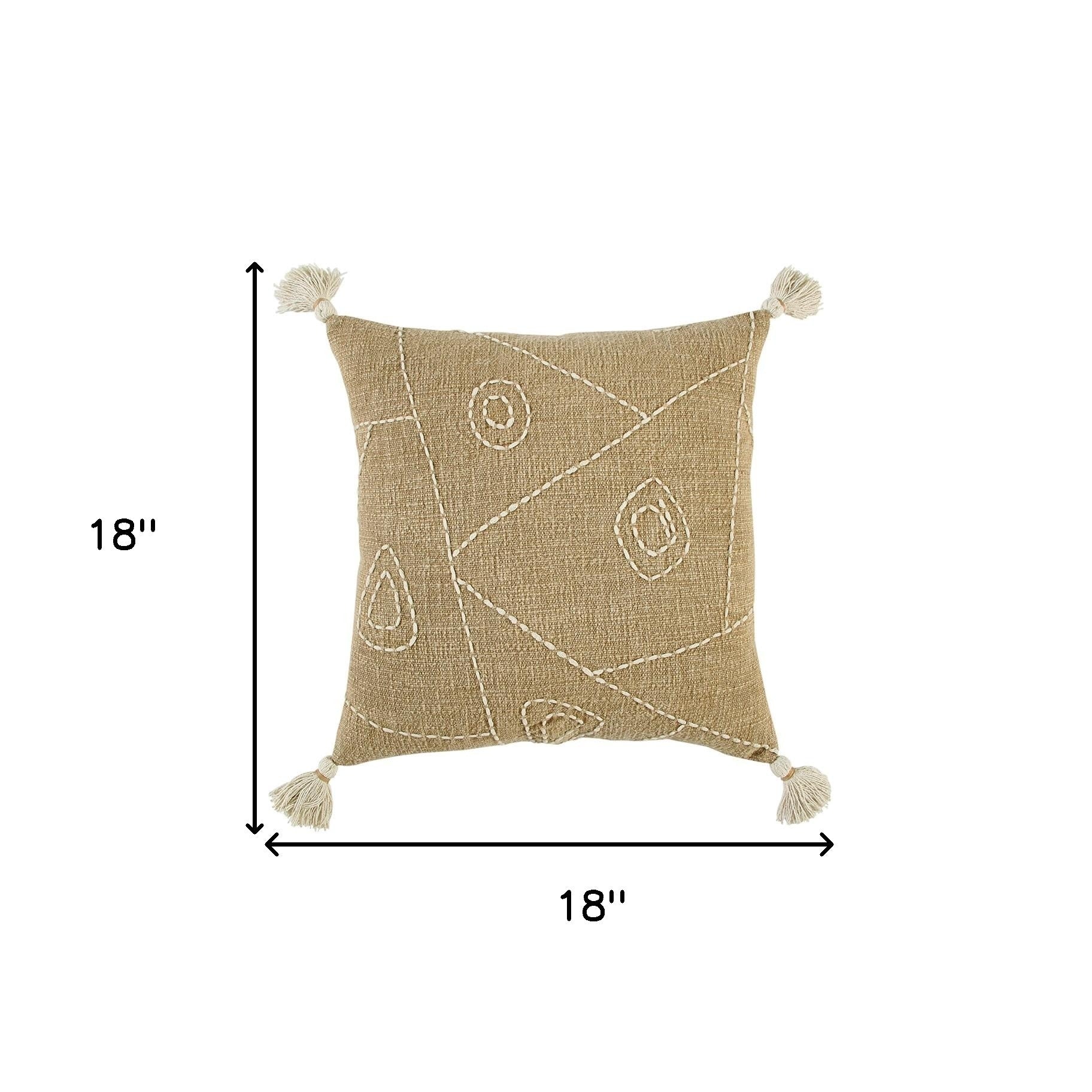 Khaki Cream Kantha Stitch Tasseled Throw Pillow-8