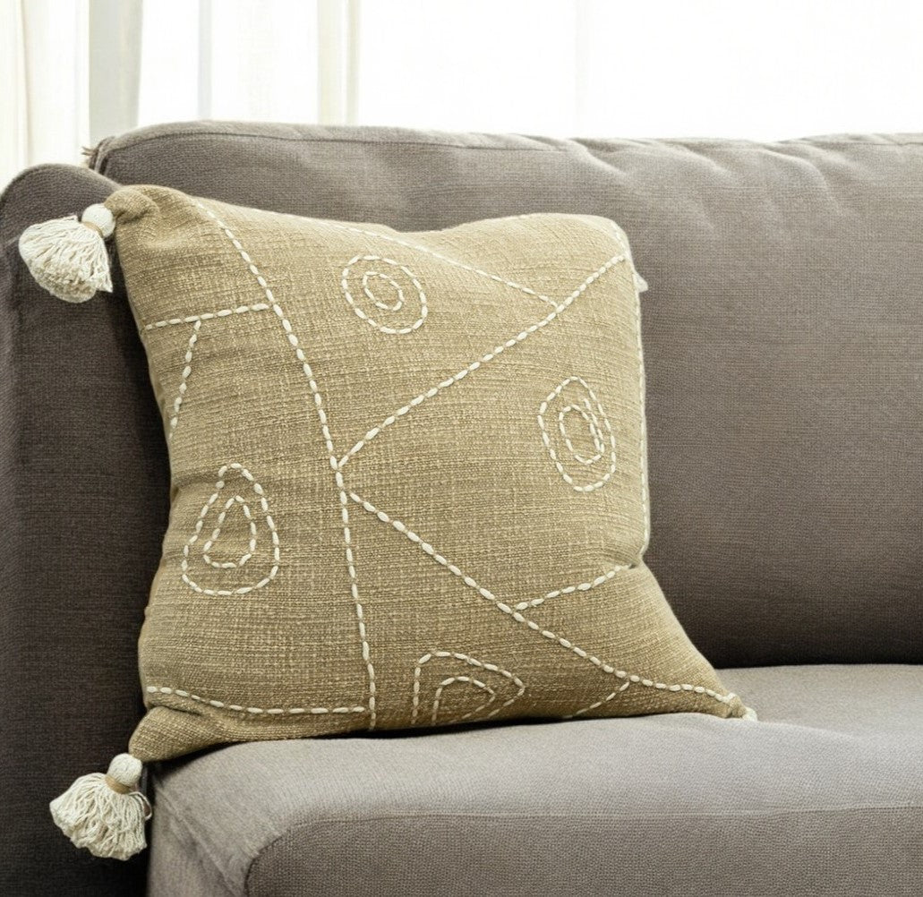 Khaki Cream Kantha Stitch Tasseled Throw Pillow-0