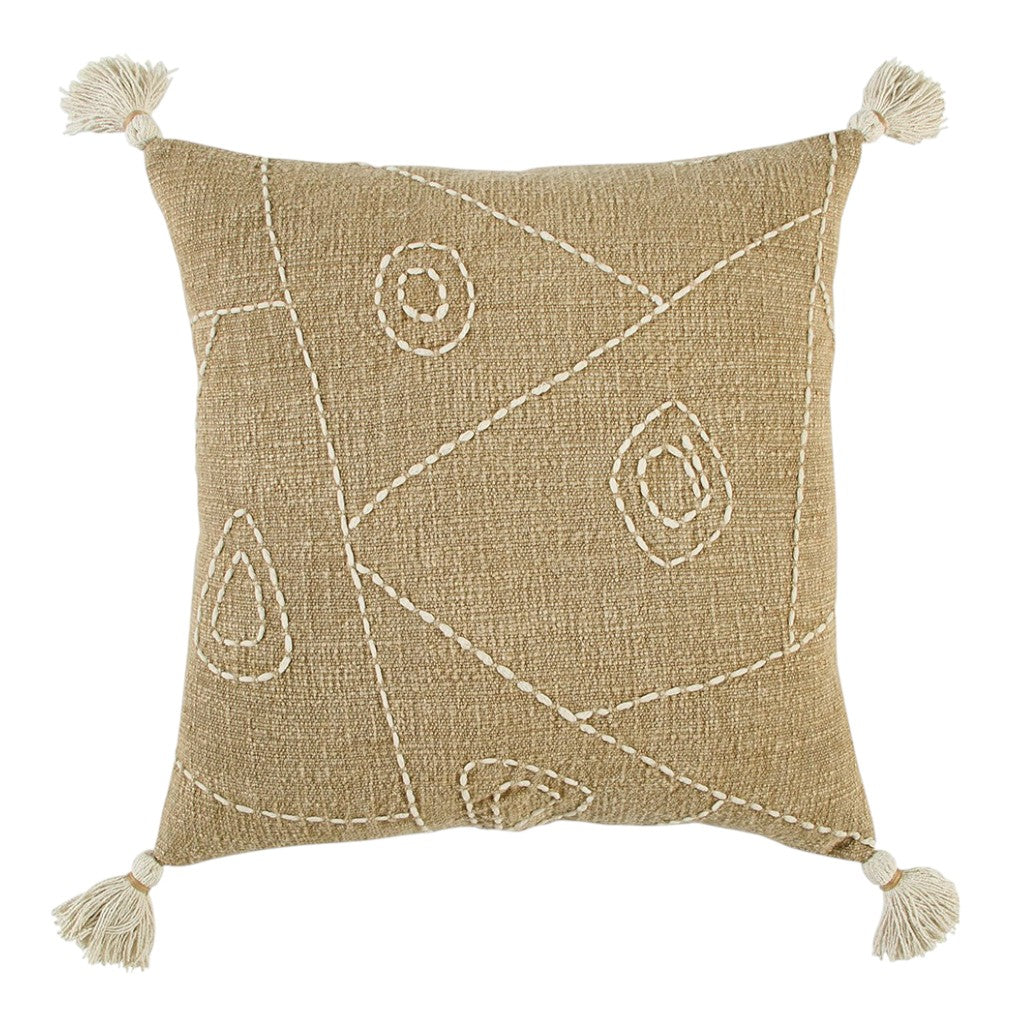 Khaki Cream Kantha Stitch Tasseled Throw Pillow-1