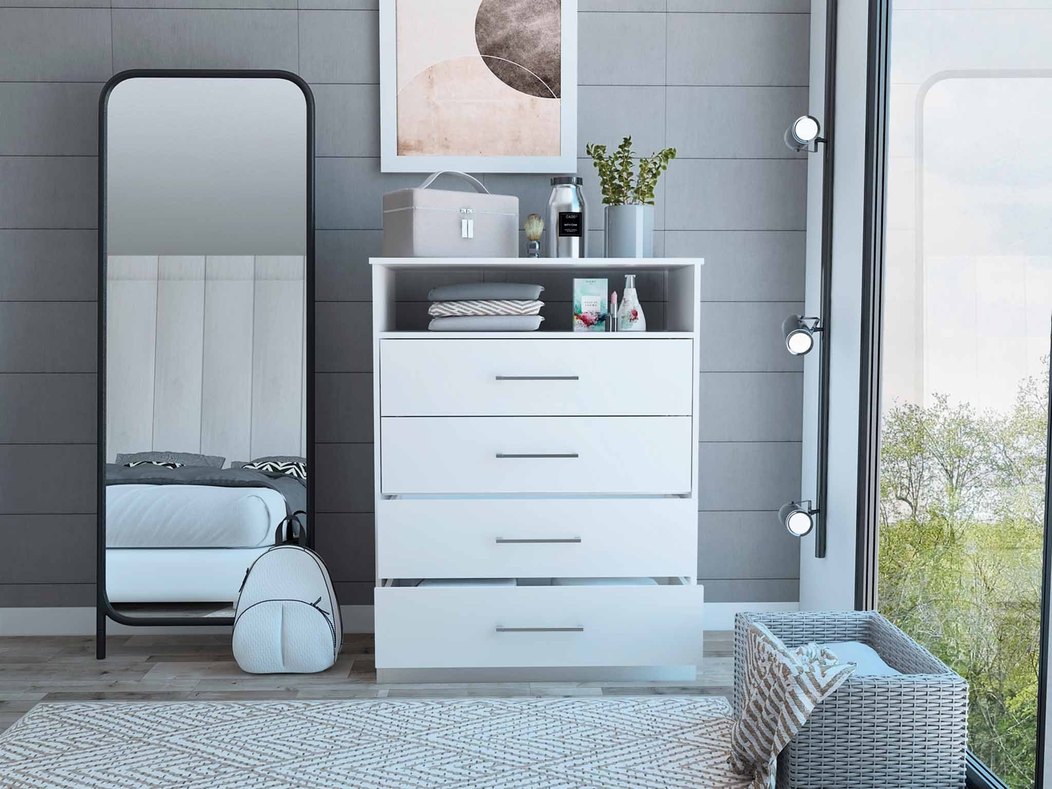 Modern White Four Drawer Dresser with Hutch-6