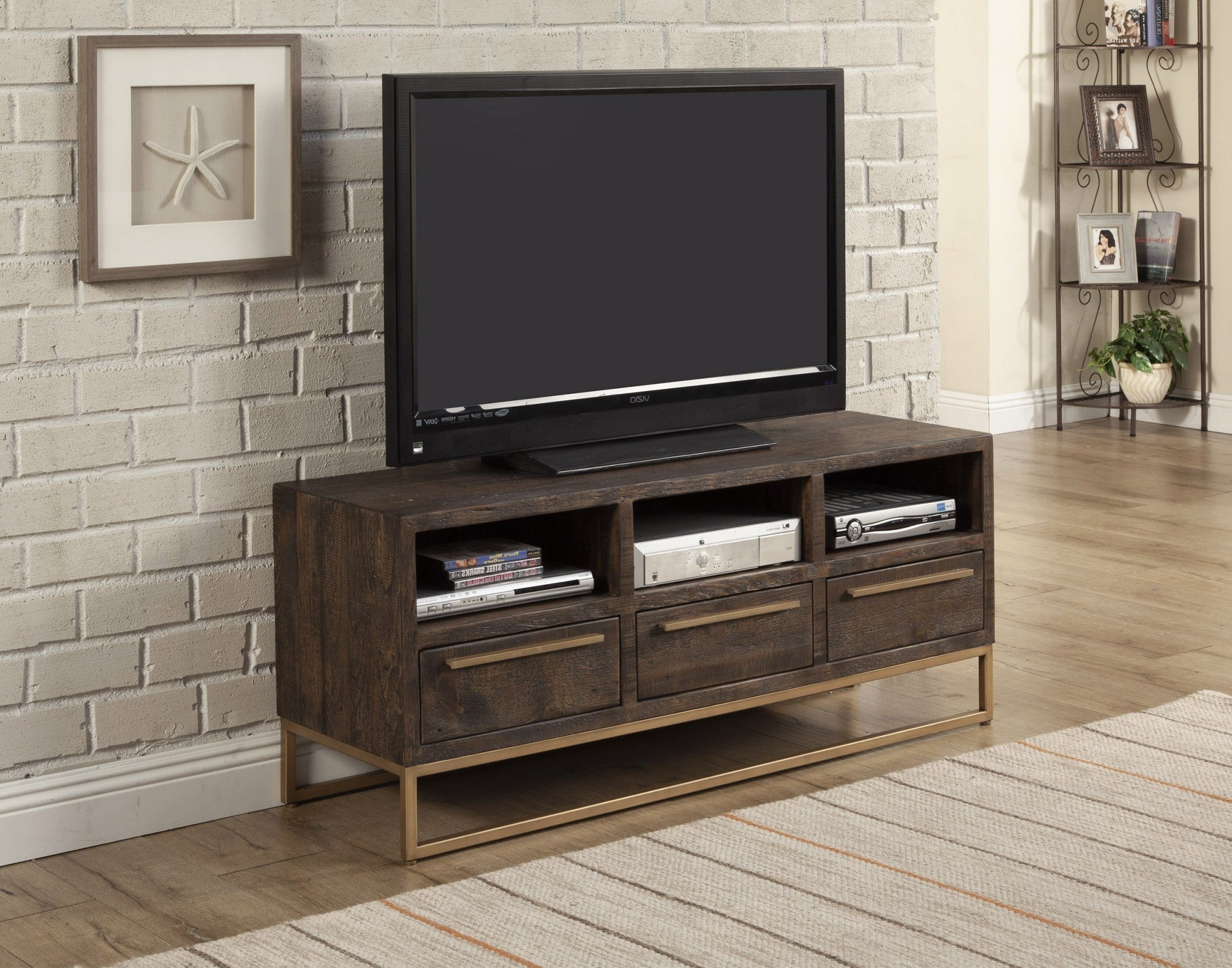 52" Deep Taupe Reclaimed Pine And Plywood Open Shelving TV Stand-5