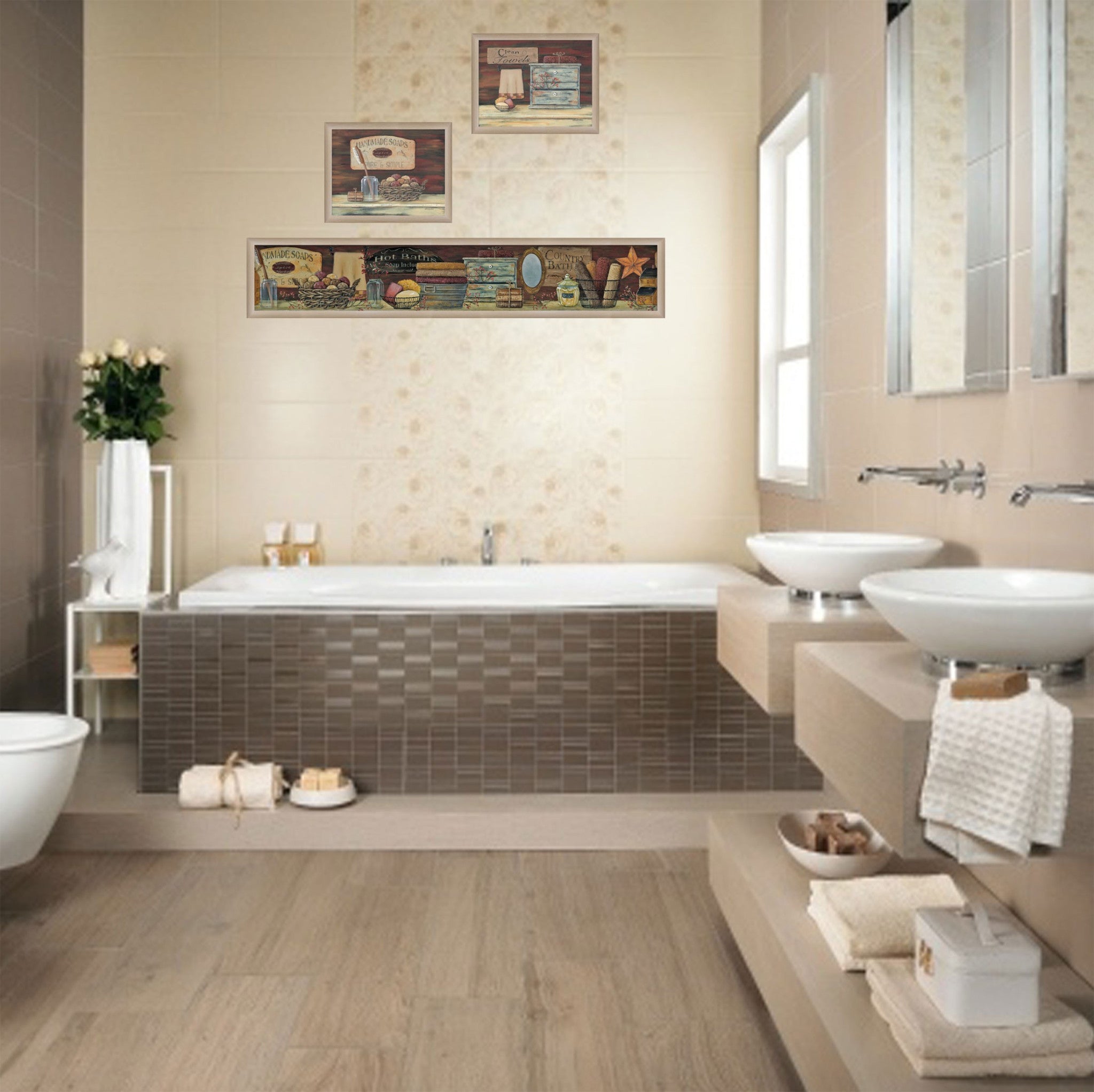 Set Of Three COUNTRY BATH II 7 Brown Framed Print Bathroom Wall Art-3
