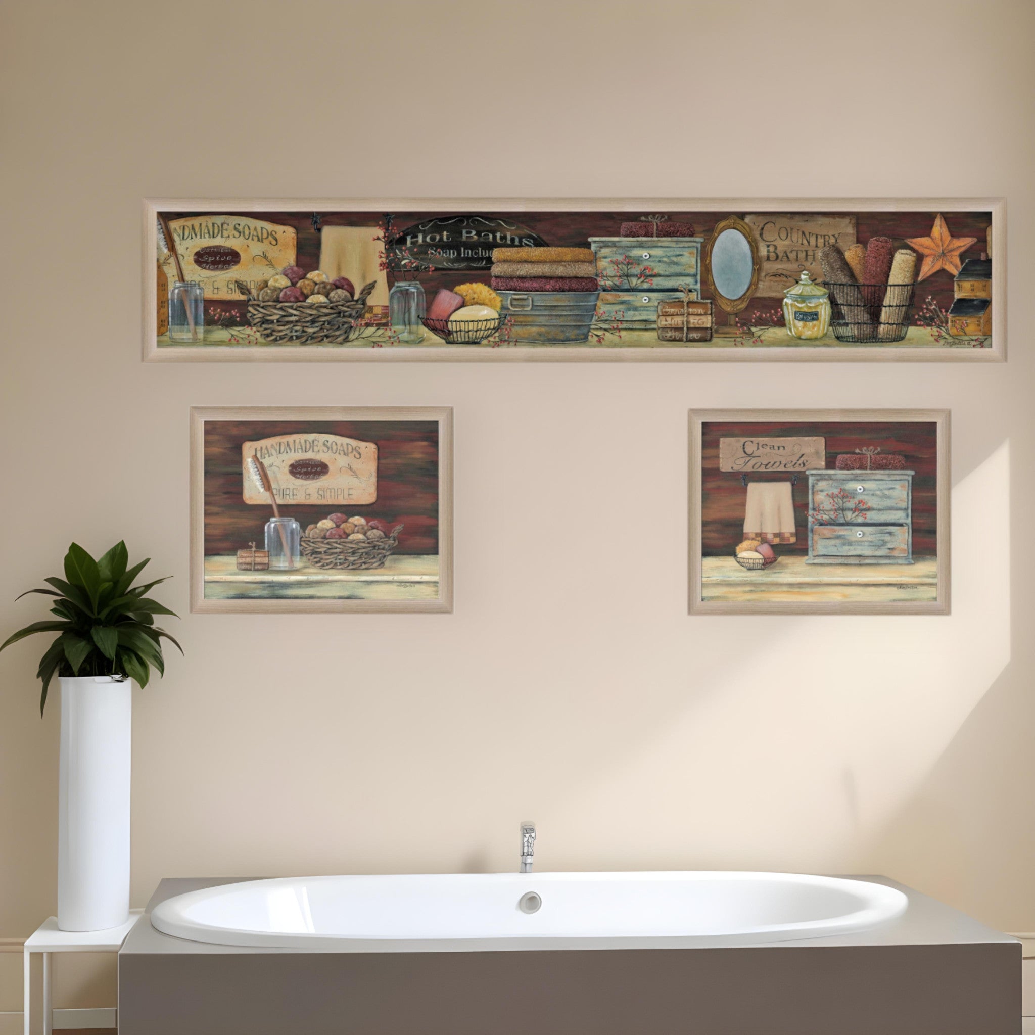 Set Of Three COUNTRY BATH II 7 Brown Framed Print Bathroom Wall Art-0