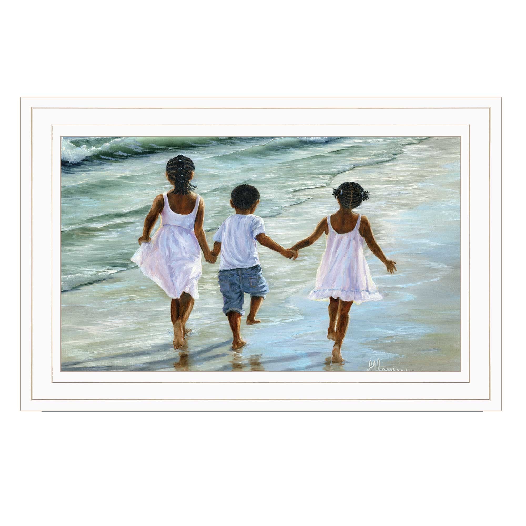 Running on the Beach 2 White Framed Print Wall Art-1