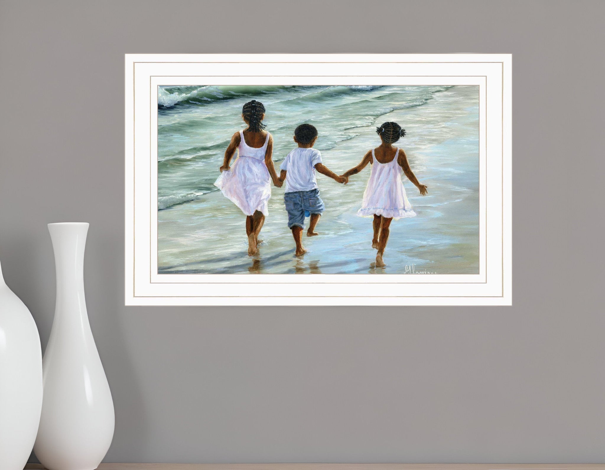 Running on the Beach 2 White Framed Print Wall Art-0