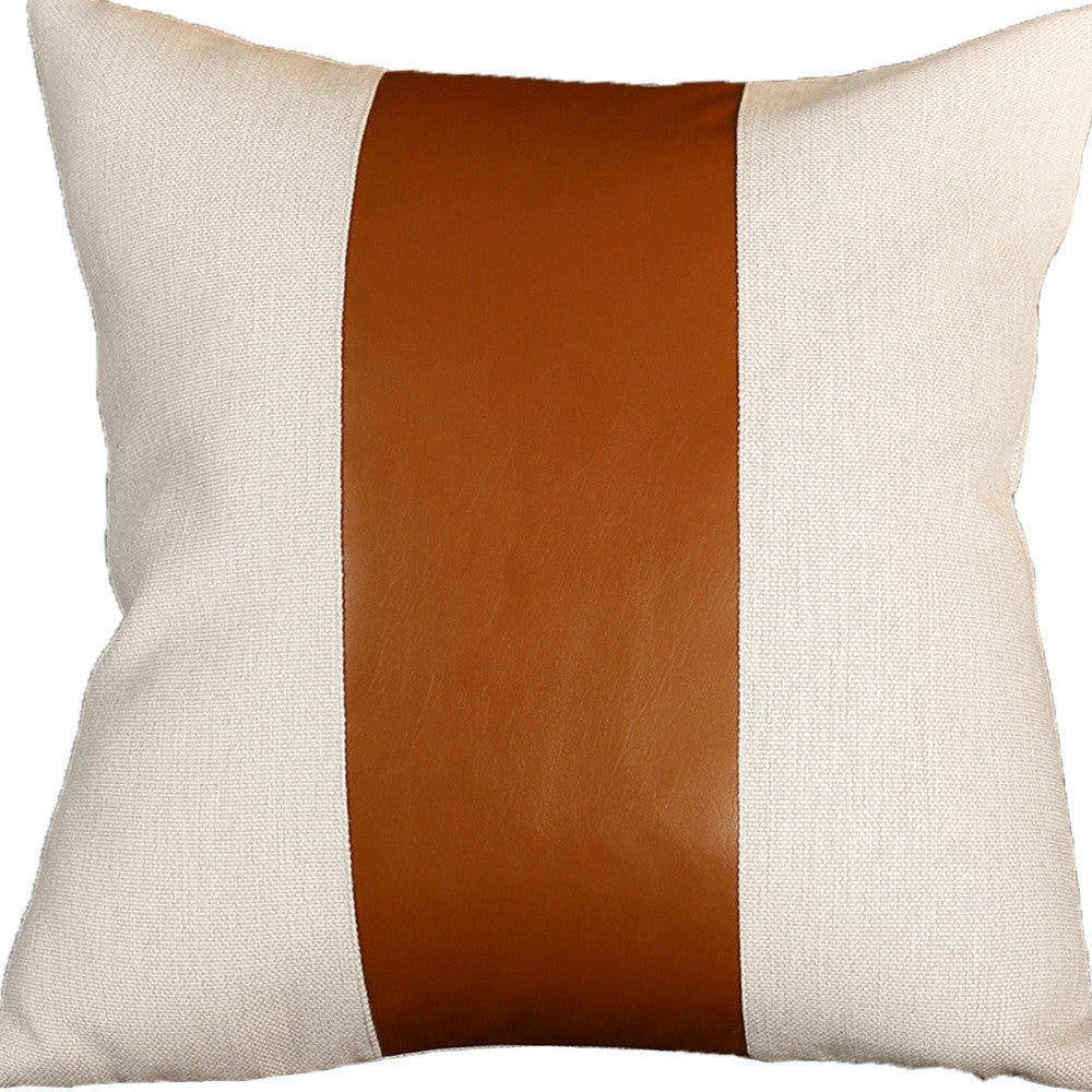 Set Of Four 18" X 18" Brown and Ivory Faux Leather Zippered Pillow-1