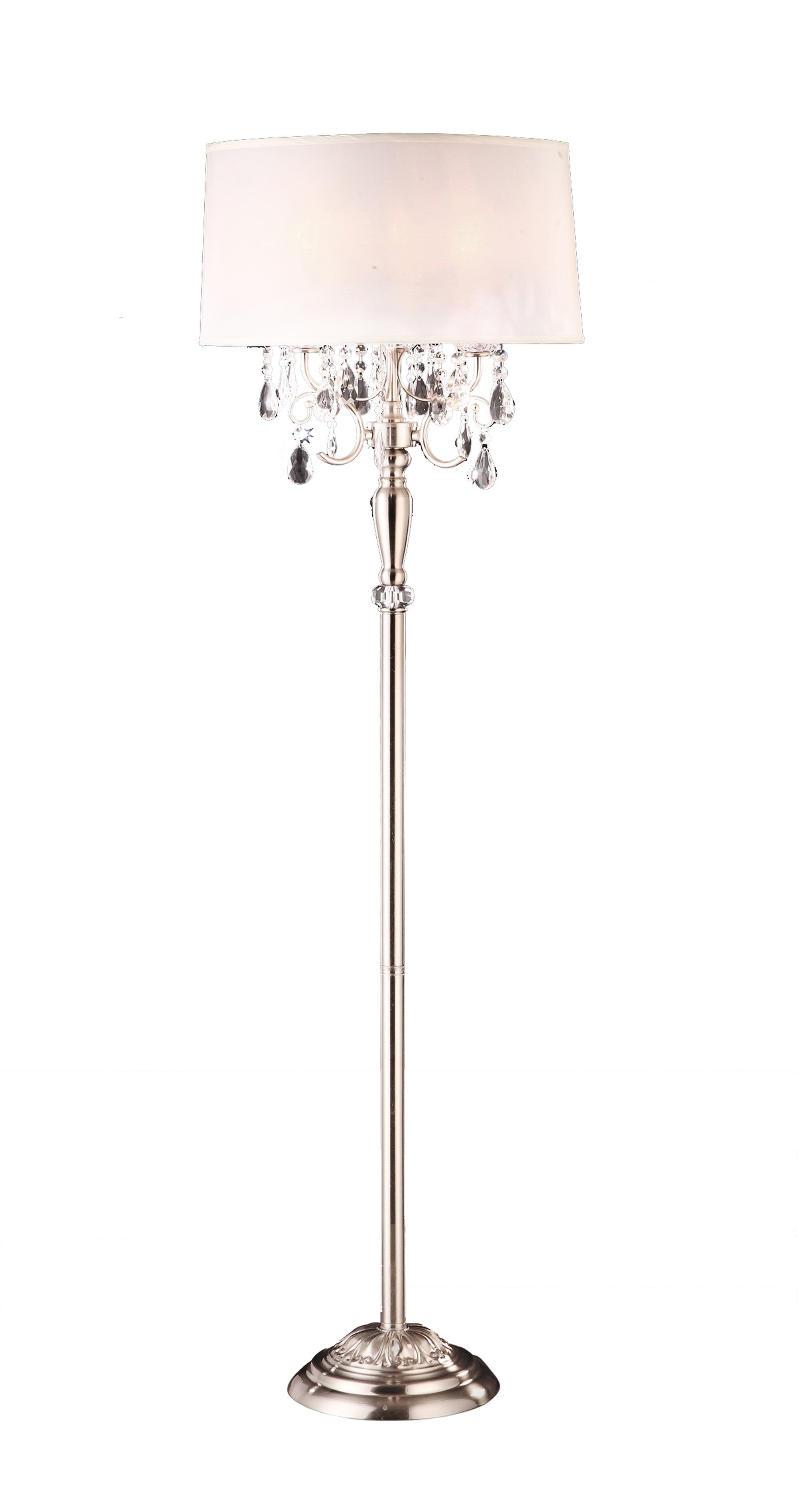 62" Silver Three Light Candelabra Floor Lamp With White Fabric Drum Shade-0