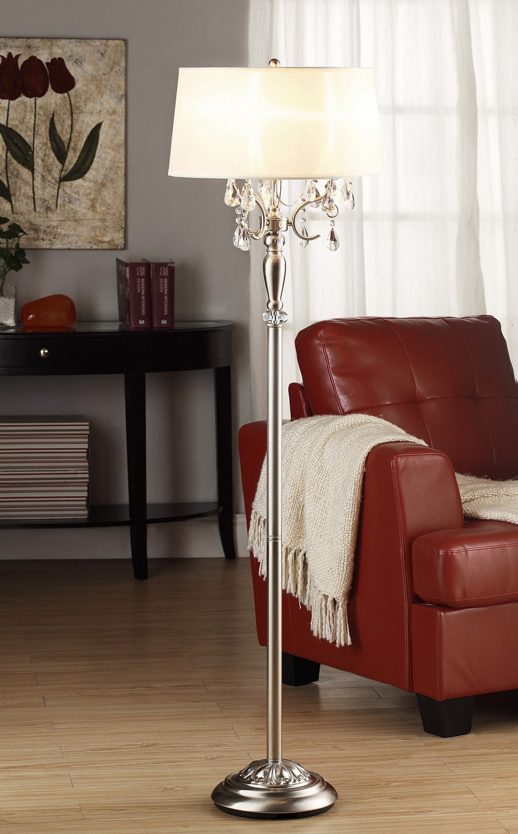 62" Silver Three Light Candelabra Floor Lamp With White Fabric Drum Shade-2