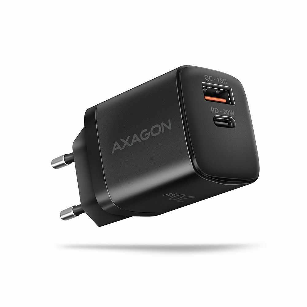 USB мрежово зарядно Axagon ACU-PQ20, 1x USB-C, 1x USB-A изход, бързо зареждане QC, PD 20W, черно (ACU-PQ20)-0