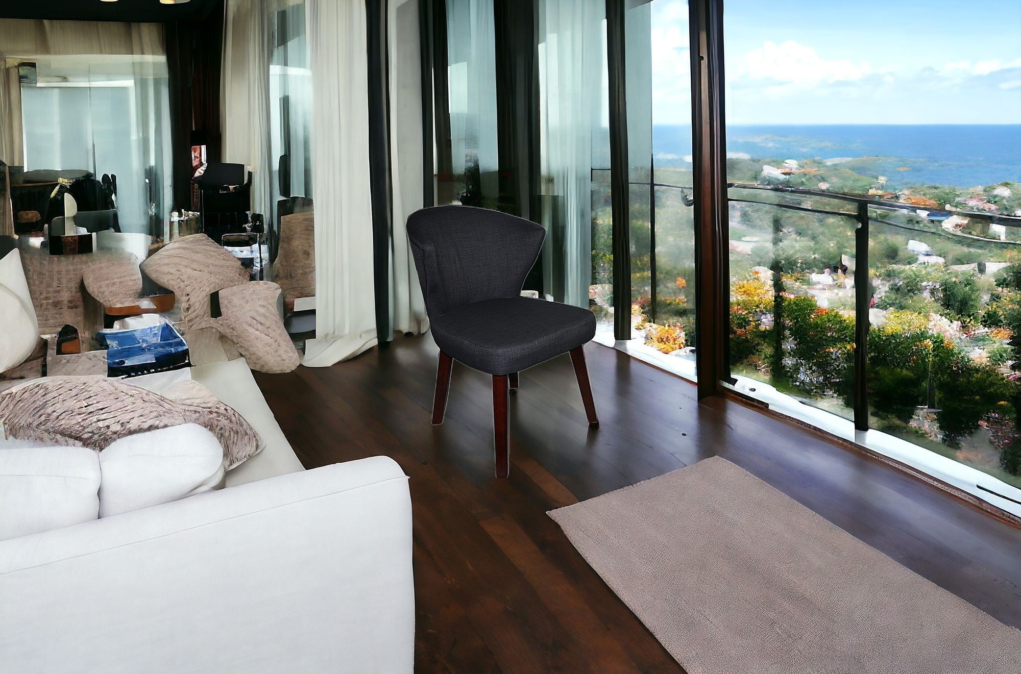 31" Dark Charcoal Grey and Black Wooden Curve Back Dining or Accent Chair-5