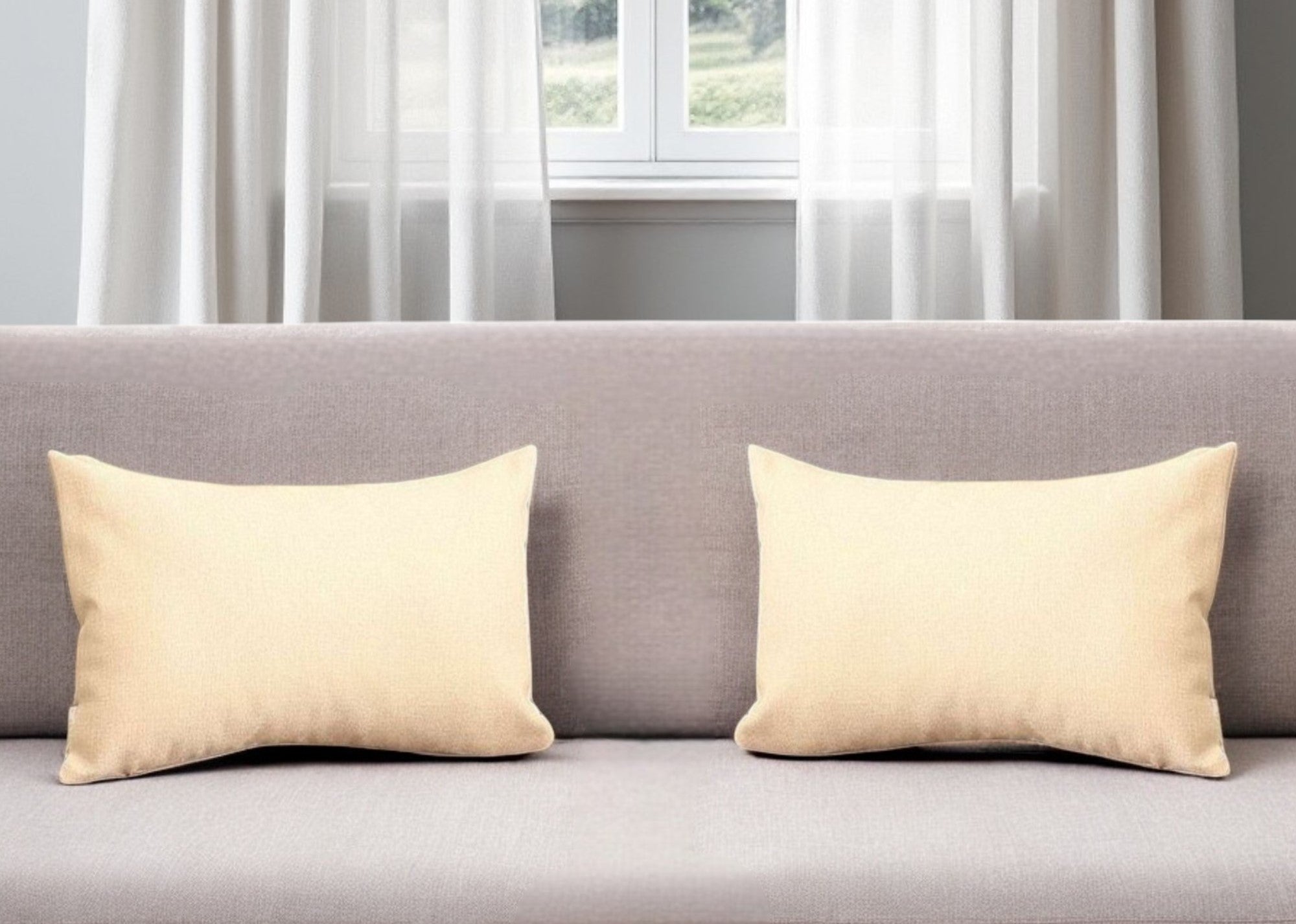 Set of Two 12" X 20" Ivory Fabric Lumbar Throw Pillows-0