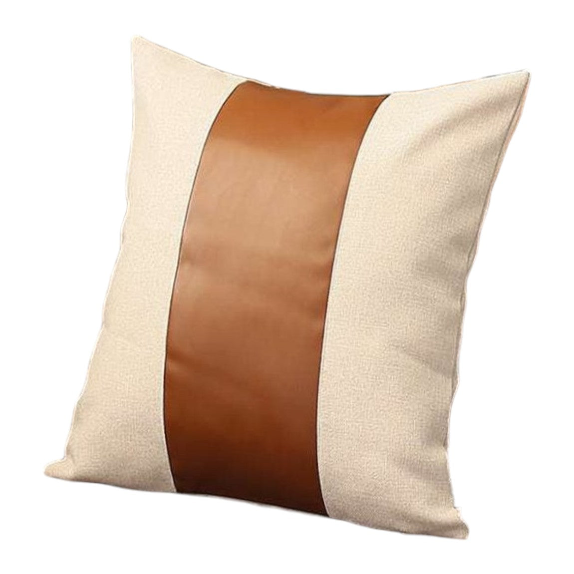 Set of Two 18" Ivory and Brown Color Block Fabric and Faux Leather Throw Pillows-1