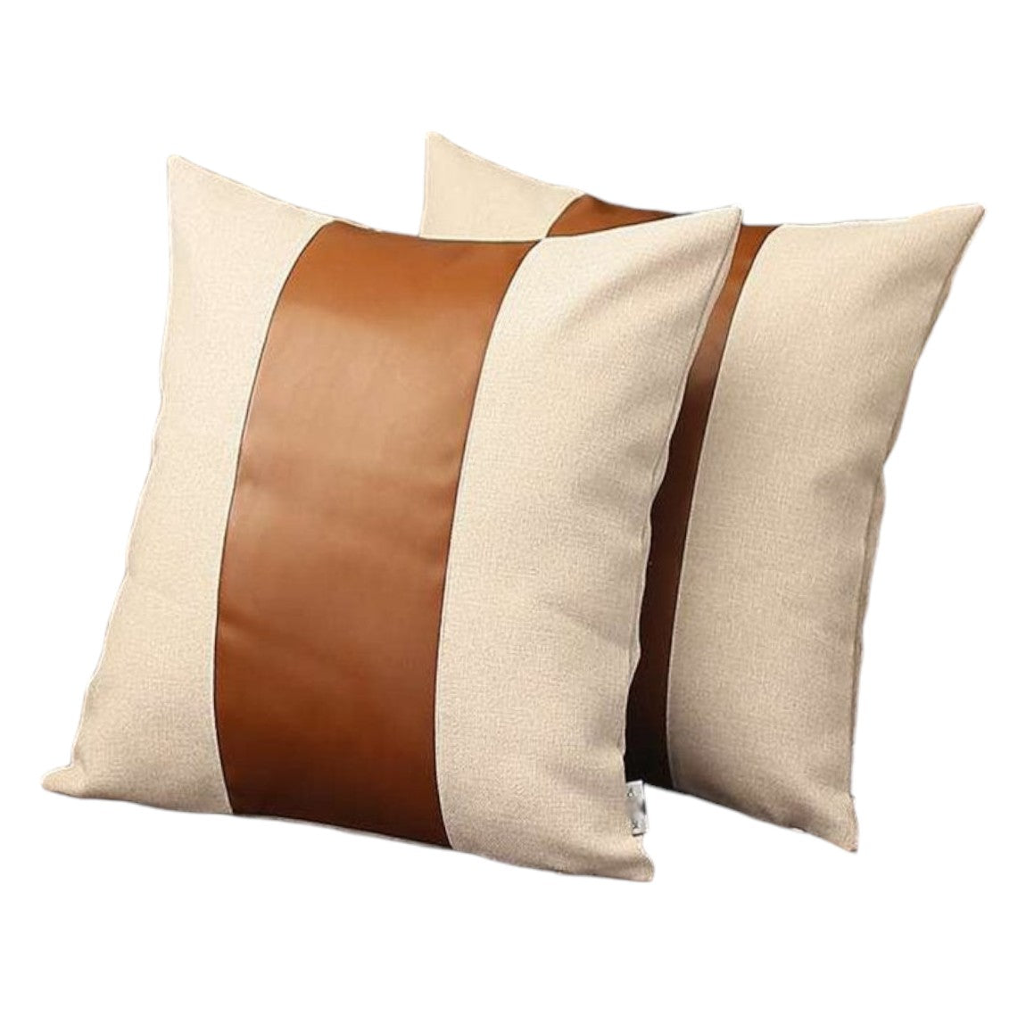 Set of Two 18" Ivory and Brown Color Block Fabric and Faux Leather Throw Pillows-2