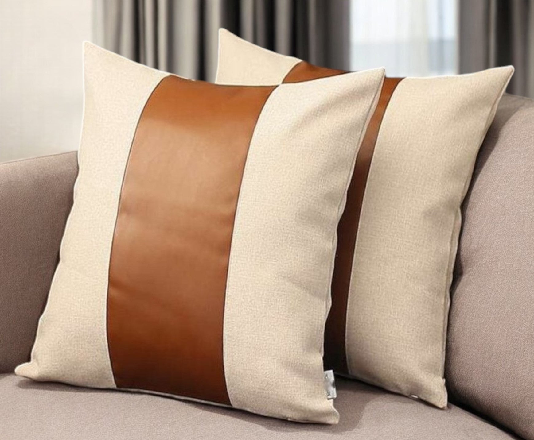 Set of Two 18" Ivory and Brown Color Block Fabric and Faux Leather Throw Pillows-0