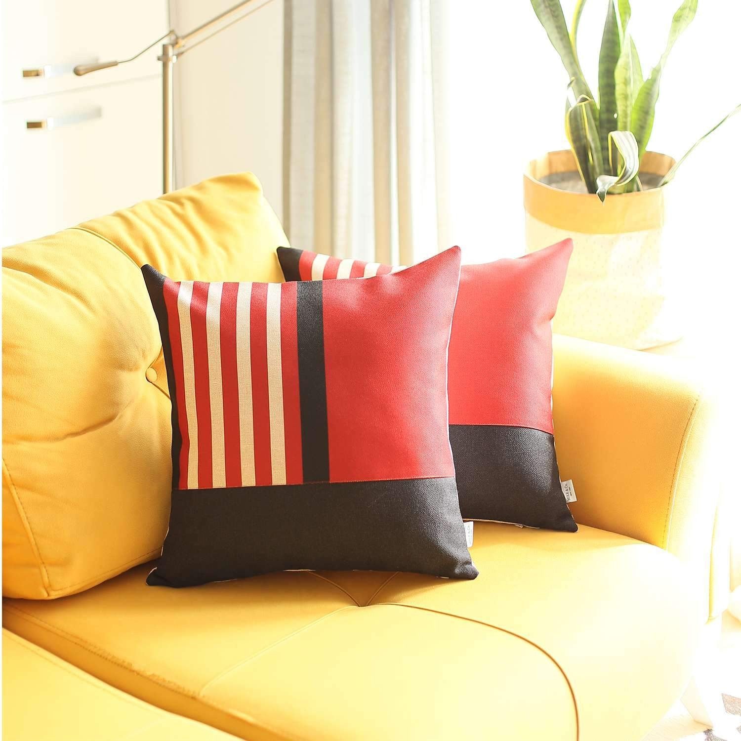 Set Of Two 18" X 18" Red Striped Zippered Handmade Polyester Throw Pillow-2
