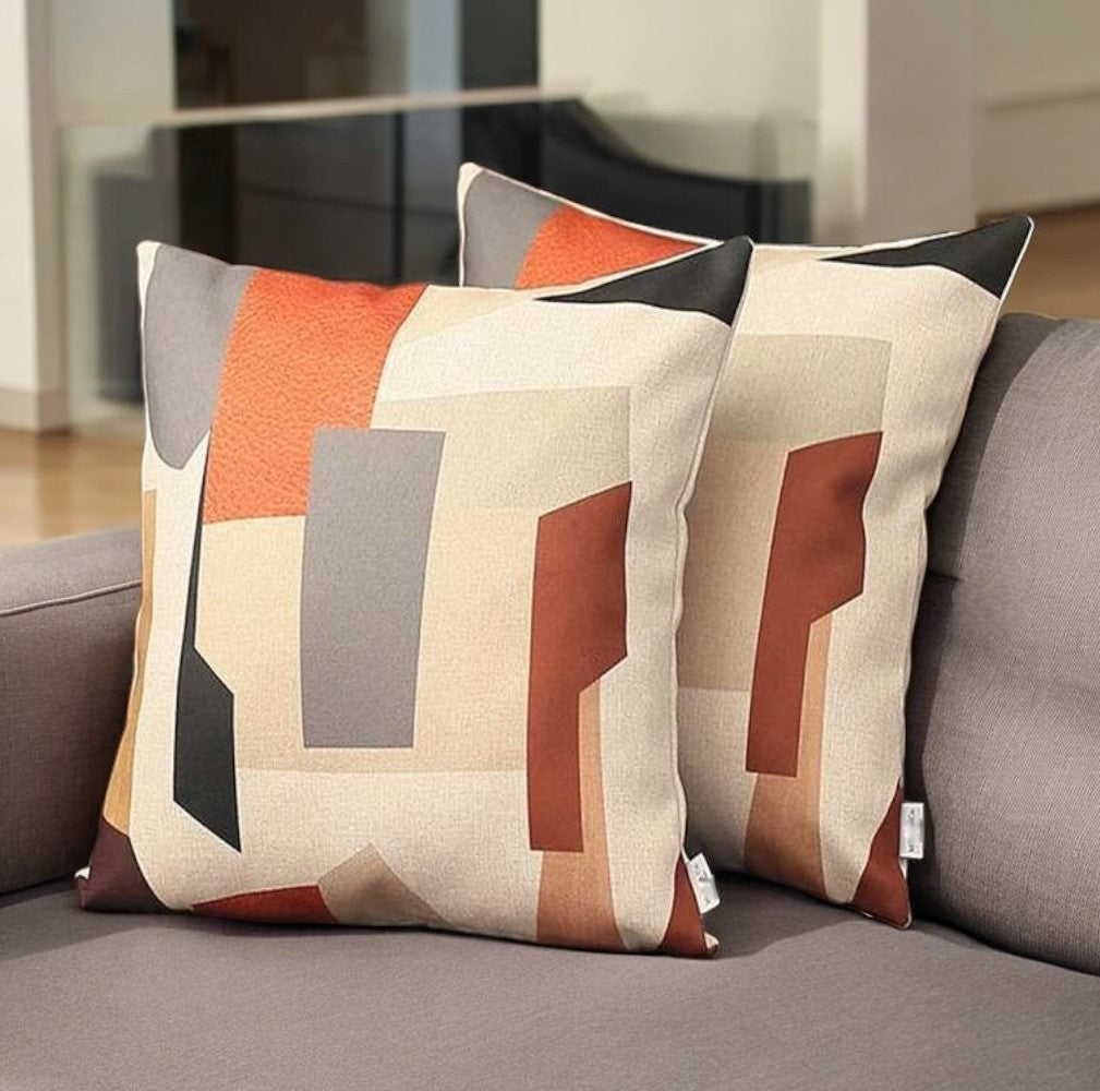 Set Of Two 18" X 18" Gray Black White Red And Brown Polyester Abstract Zippered Pillow-0