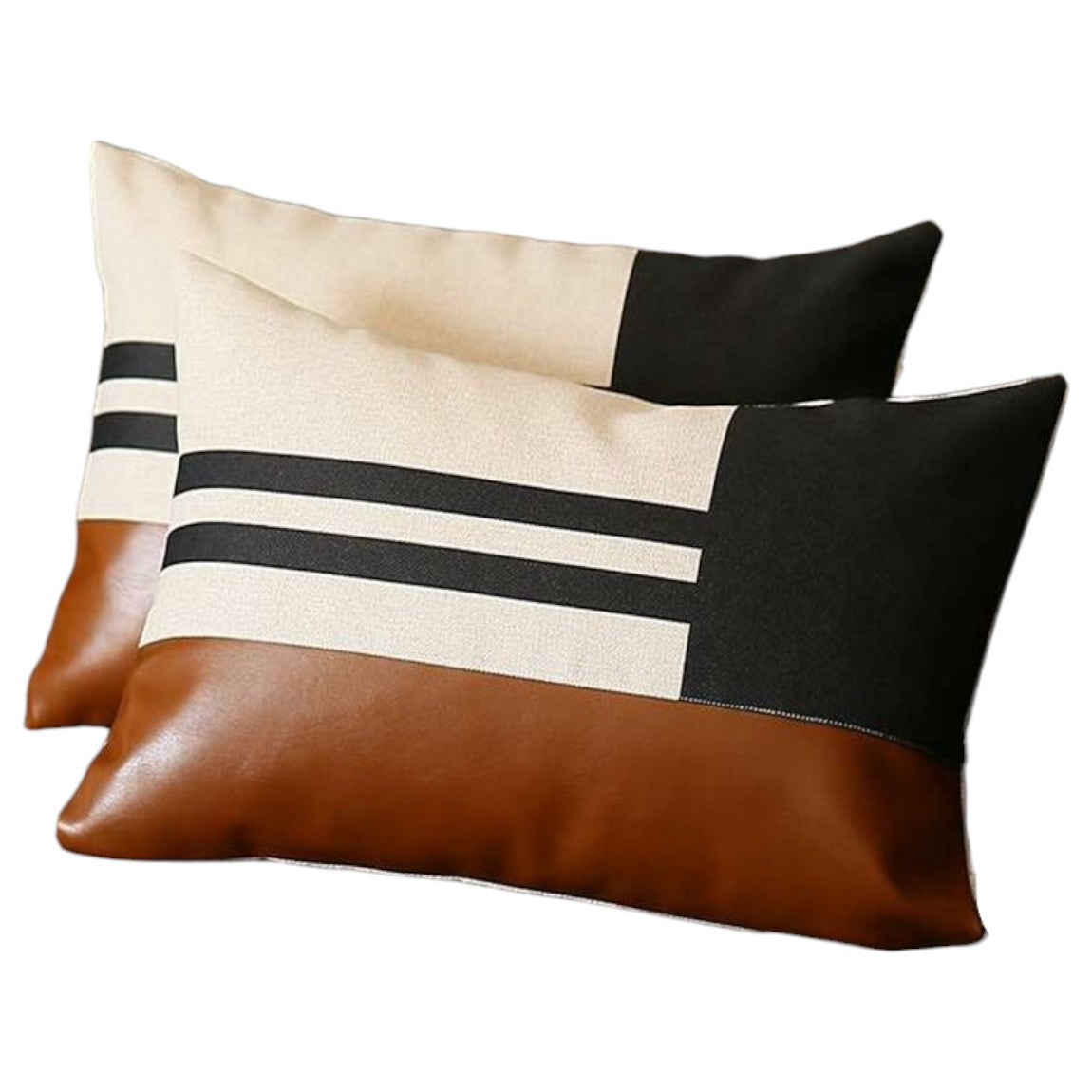 Set of Two 12" X 20" Brown Black and Ivory Striped Fabric and Faux Leather Lumbar Throw Pillows-1
