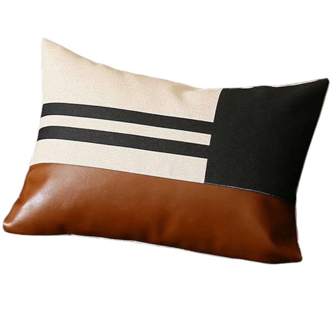 Set of Two 12" X 20" Brown Black and Ivory Striped Fabric and Faux Leather Lumbar Throw Pillows-2