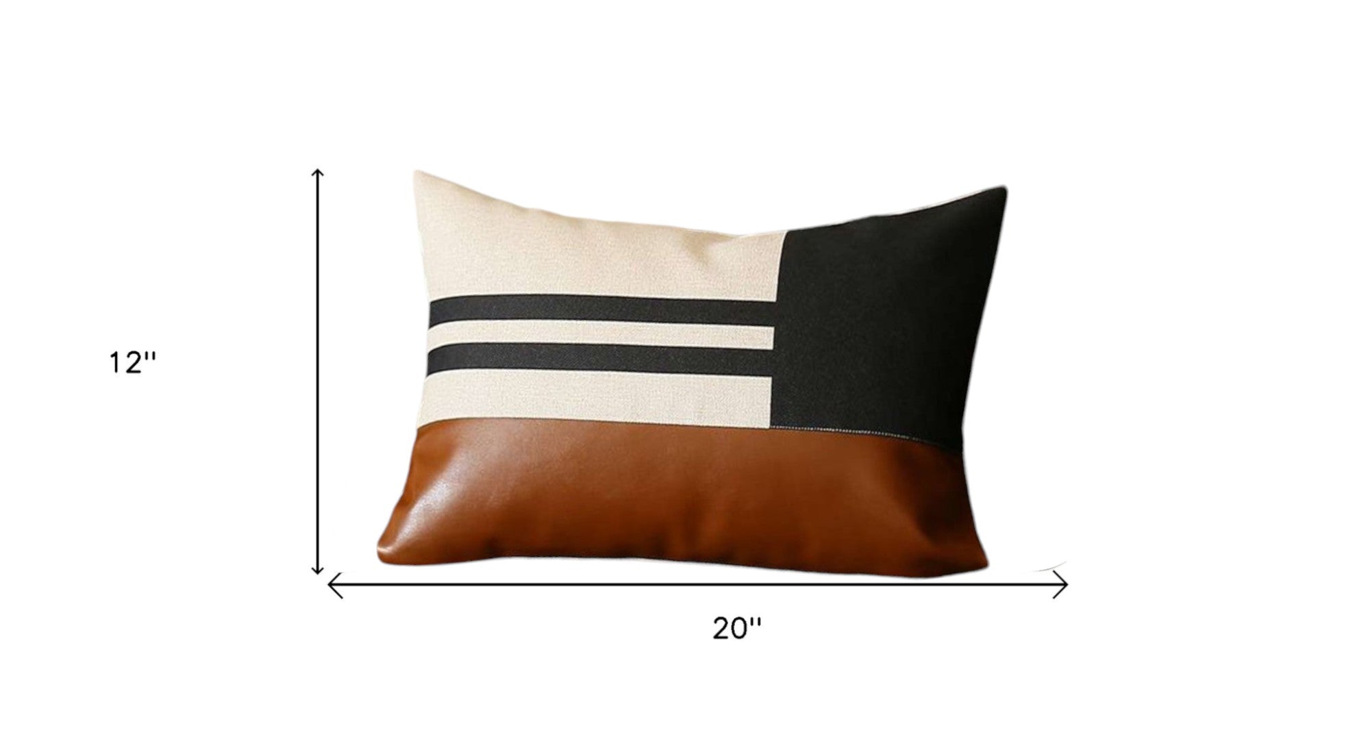 Set of Two 12" X 20" Brown Black and Ivory Striped Fabric and Faux Leather Lumbar Throw Pillows-3