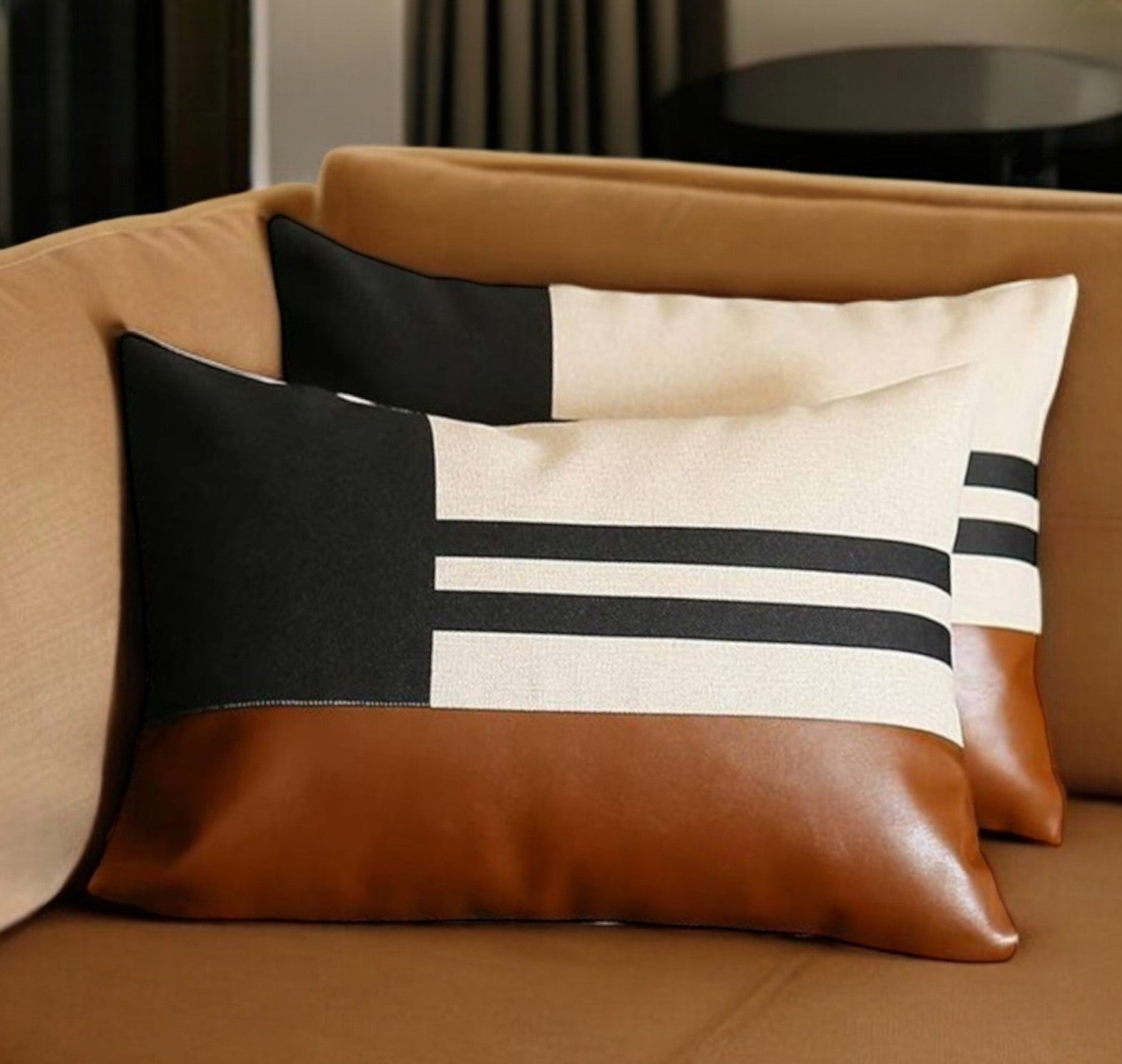 Set of Two 12" X 20" Brown Black and Ivory Striped Fabric and Faux Leather Lumbar Throw Pillows-0