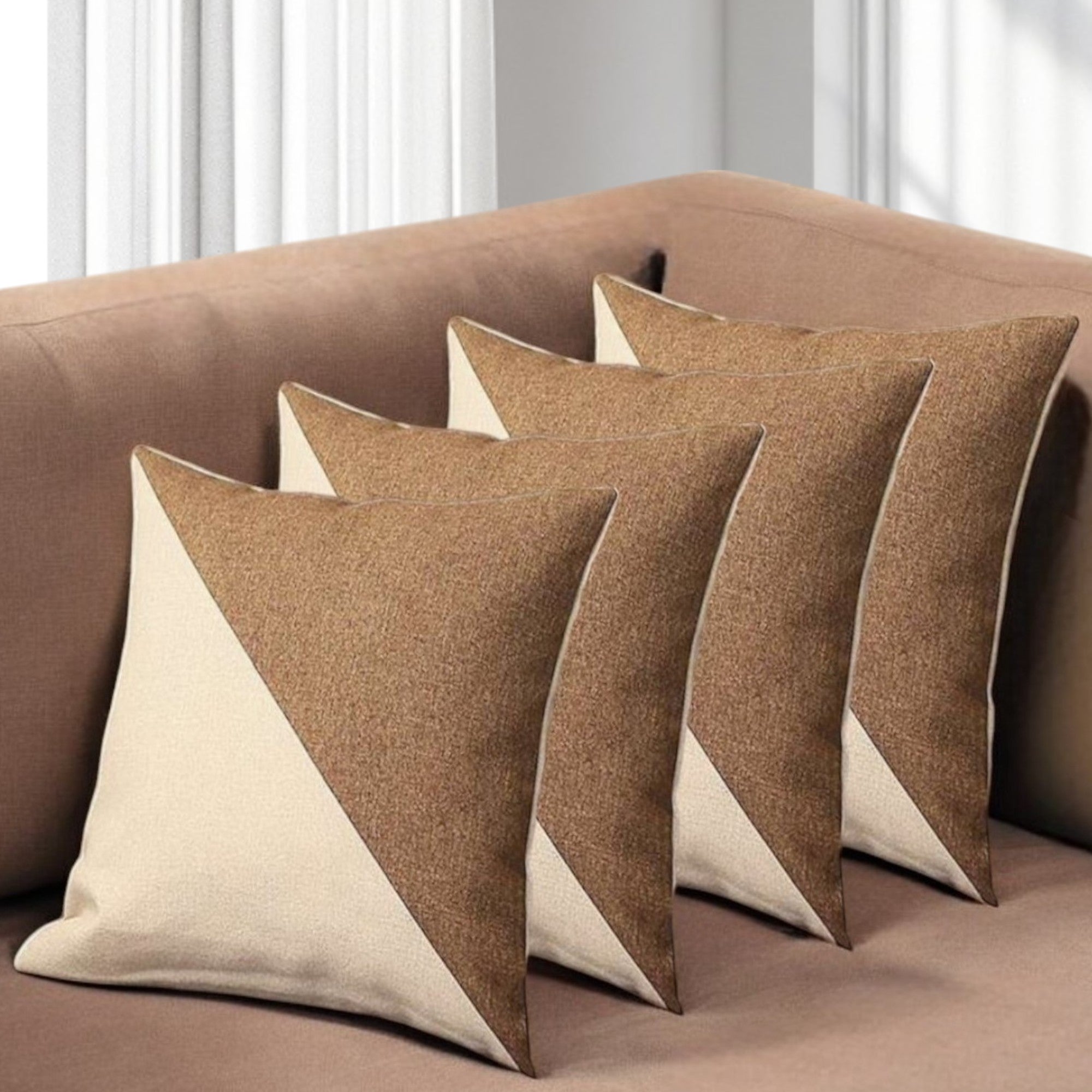 Set of Four 18" Ivory and Brown Color Block Fabric Throw Pillows-0