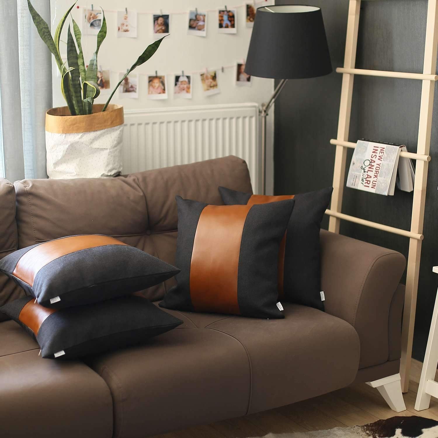 Set of Four 18" Brown And Black Faux Leather And Fabric Throw Pillows-4