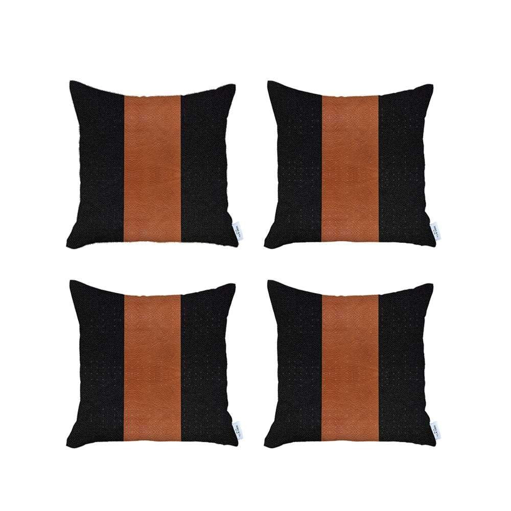 Set of Four 18" Brown And Black Faux Leather And Fabric Throw Pillows-1