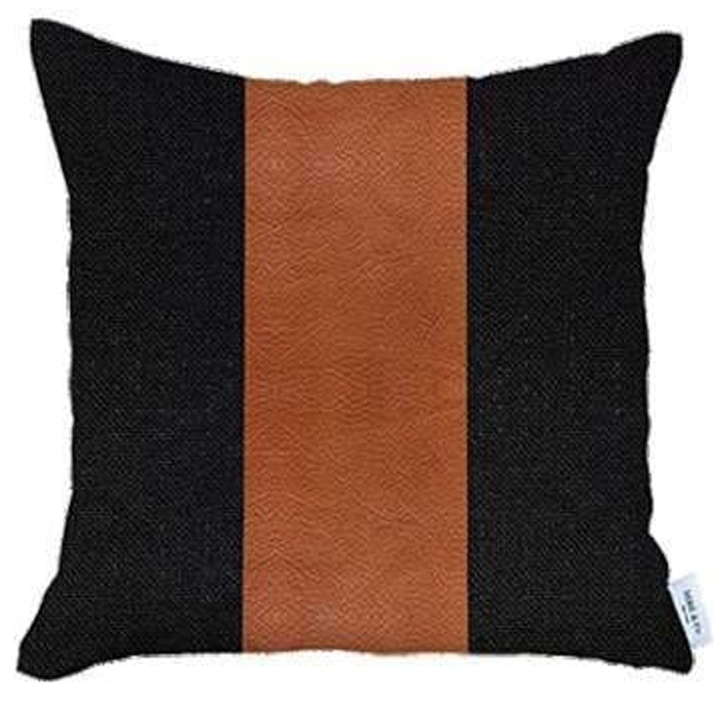 Set of Four 18" Brown And Black Faux Leather And Fabric Throw Pillows-2
