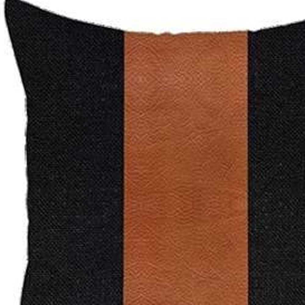 Set of Four 18" Brown And Black Faux Leather And Fabric Throw Pillows-3