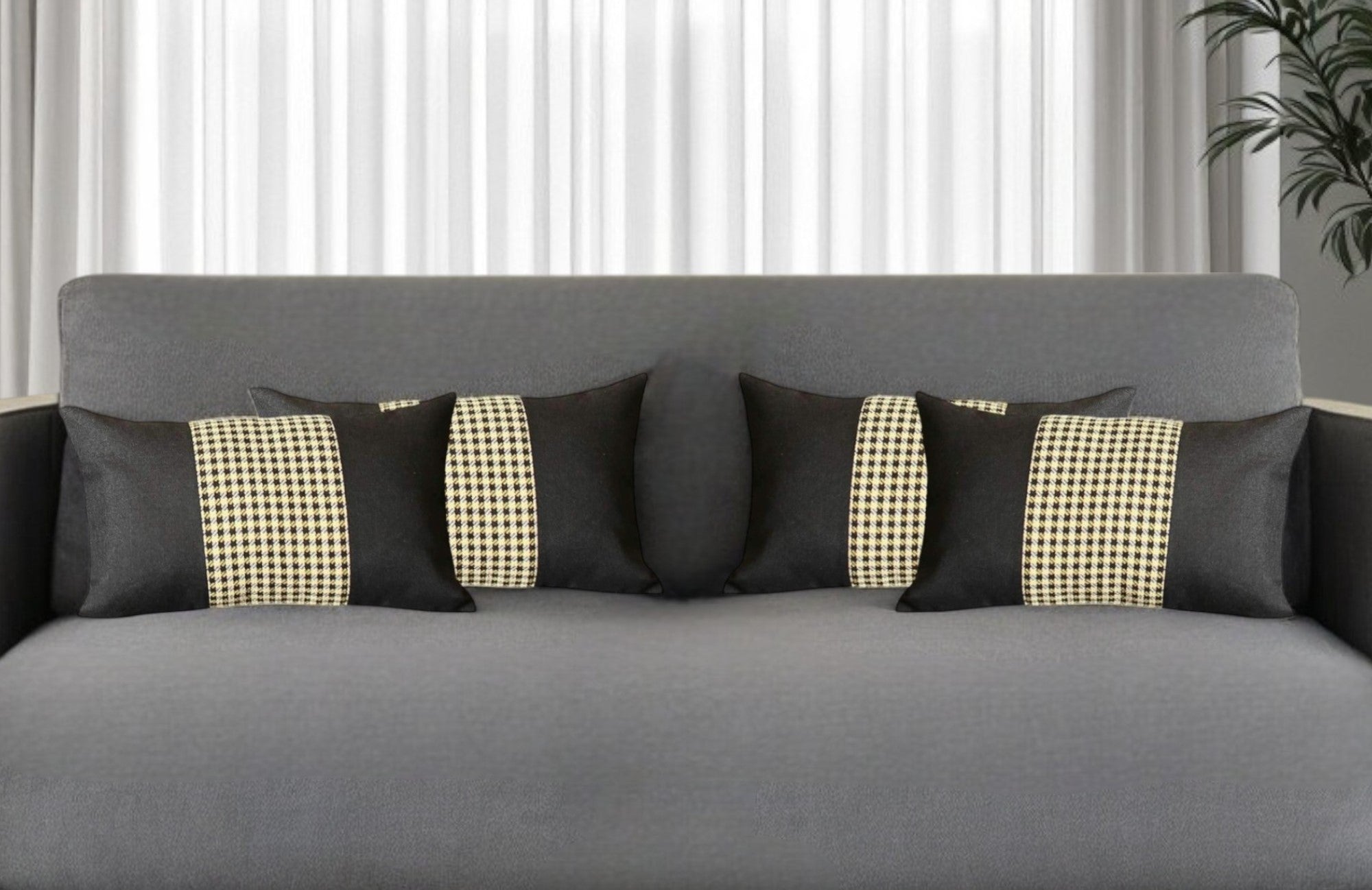 Set of Four 12" X 20" Black and Yellow Houndstooth Fabric Lumbar Throw Pillows-0