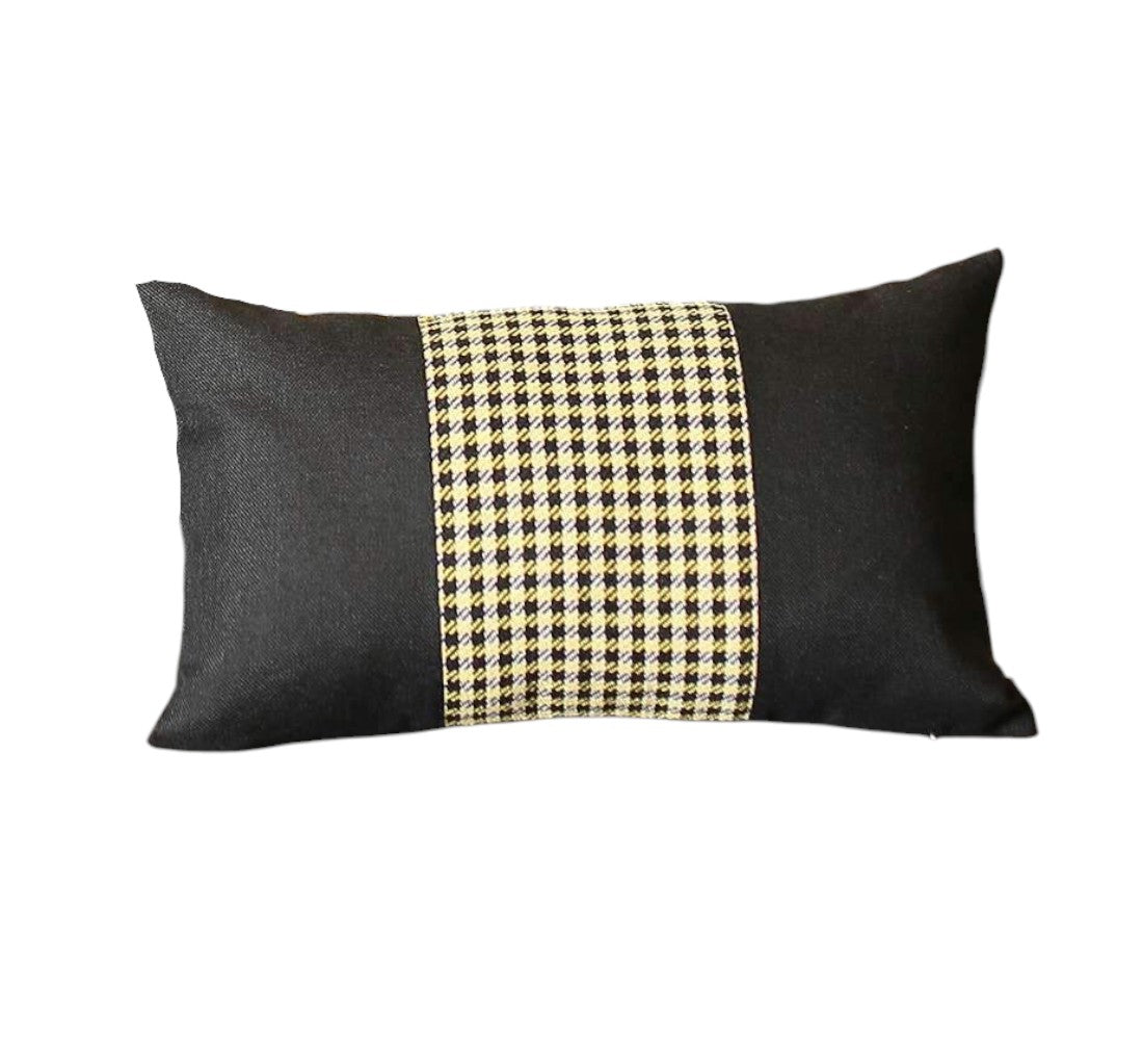 Set of Four 12" X 20" Black and Yellow Houndstooth Fabric Lumbar Throw Pillows-2