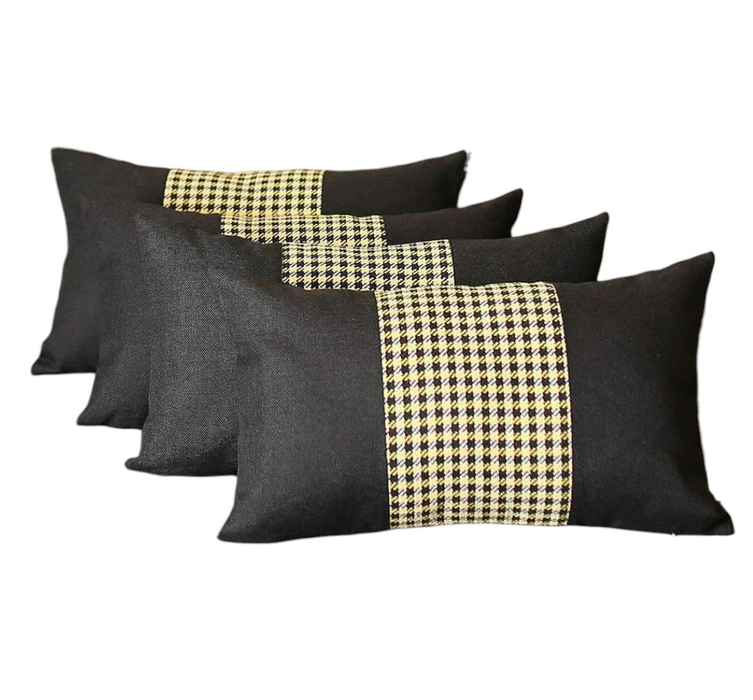 Set of Four 12" X 20" Black and Yellow Houndstooth Fabric Lumbar Throw Pillows-1