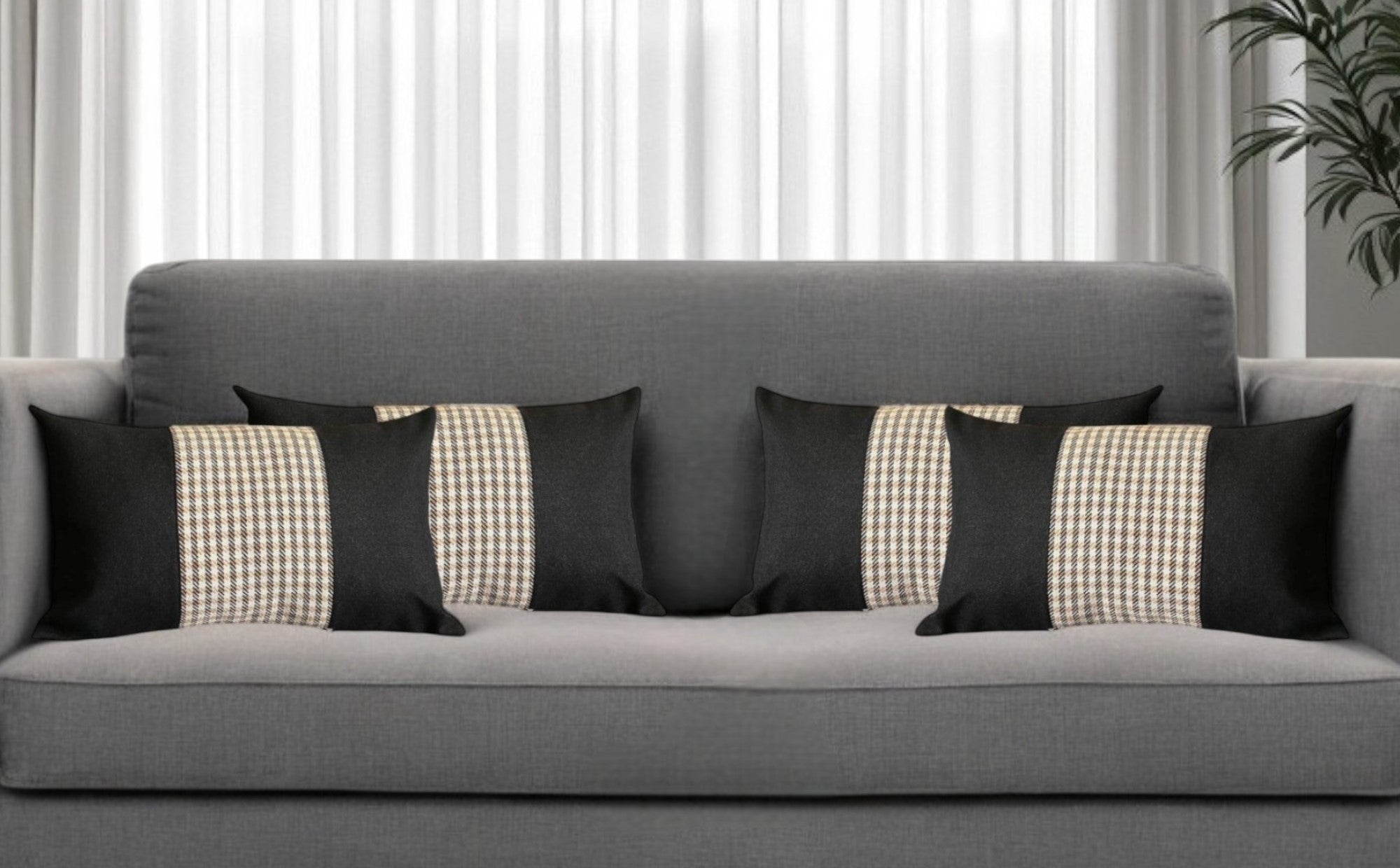 Set of Four 12" X 20" Black Brown and White Houndstooth Fabric Lumbar Throw Pillows-0