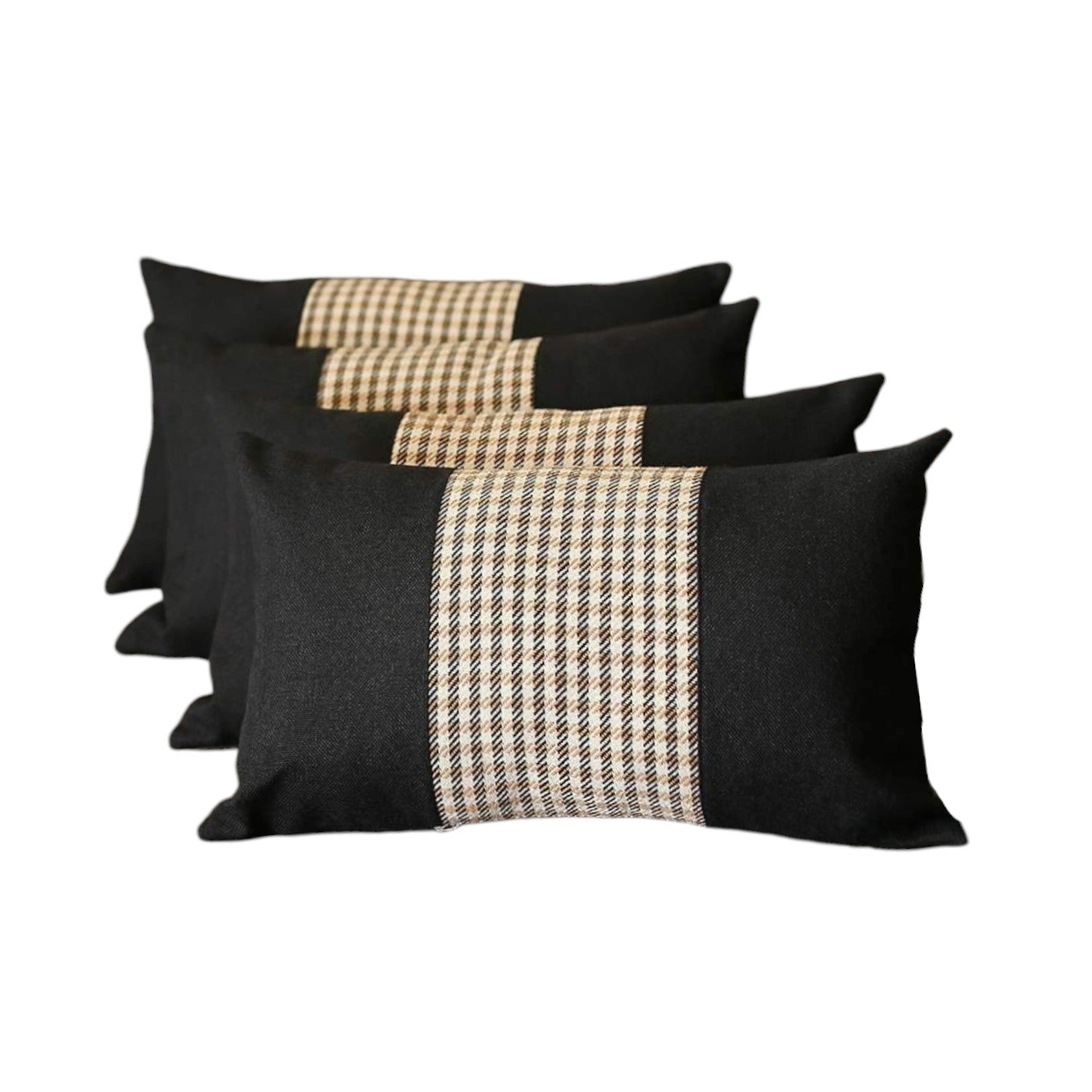 Set of Four 12" X 20" Black Brown and White Houndstooth Fabric Lumbar Throw Pillows-1