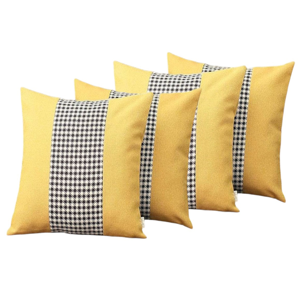 Set of Four 18" Yellow Black and White Houndstooth Fabric Throw Pillows-2