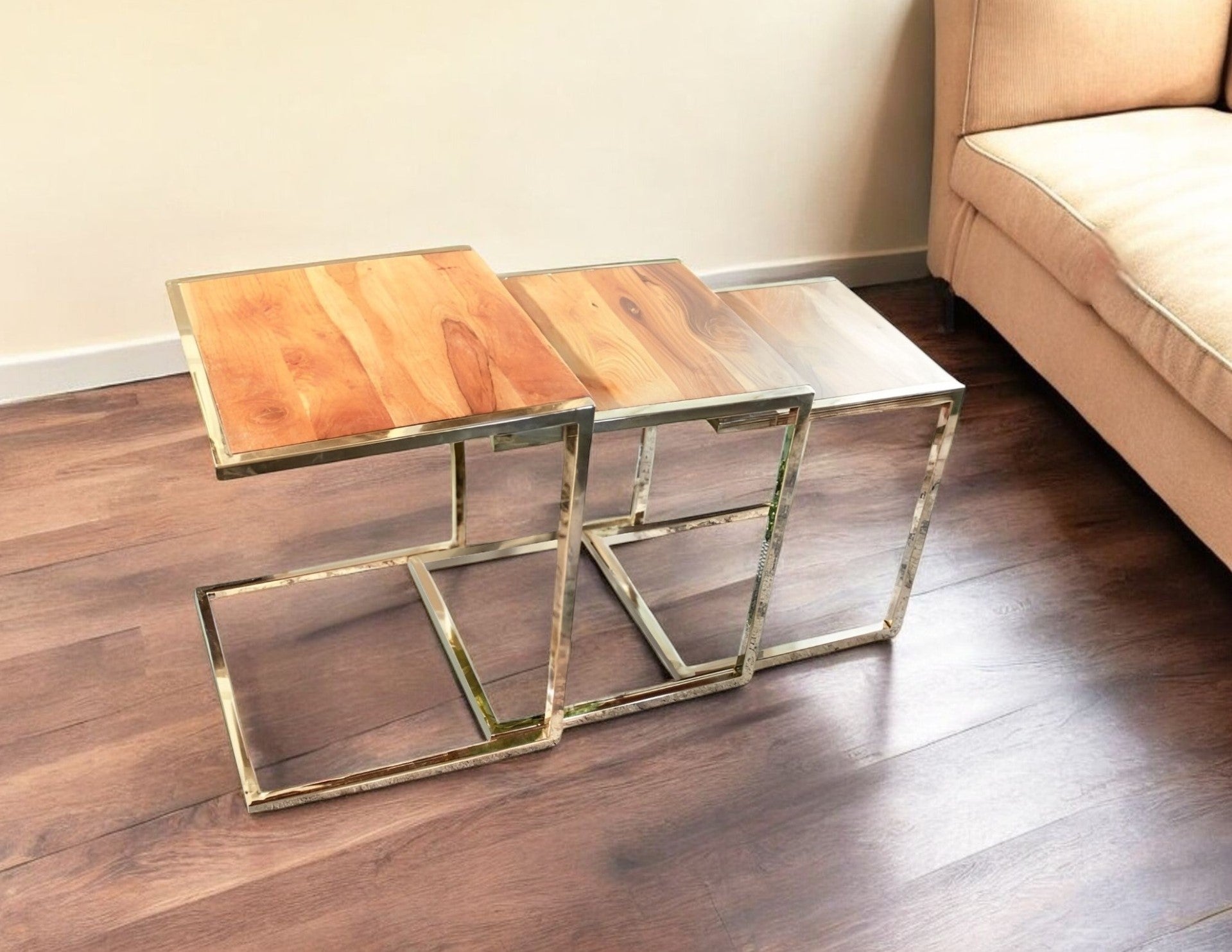 Set of Three Stylish Wood and Metal C Shaped Nesting End Tables-0