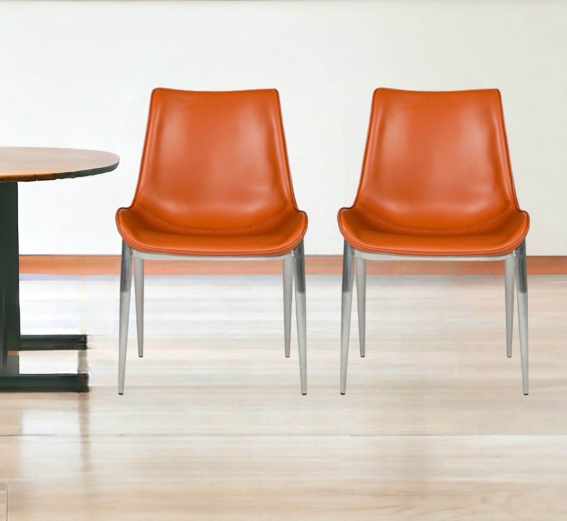 Set of Two Terra Cotta and Silver Upholstered Faux Leather Wing Back Dining Side Chairs-1