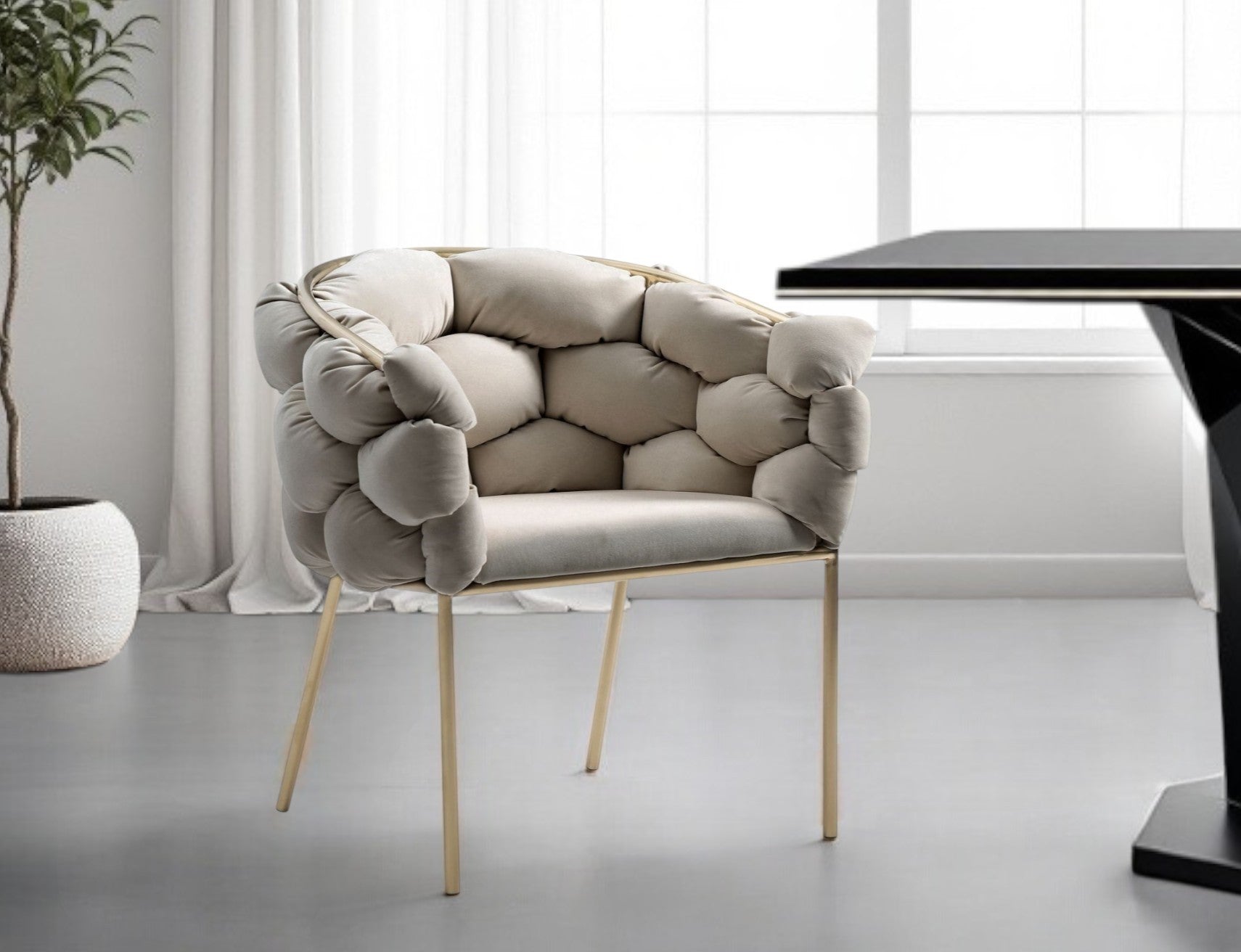 Tufted Gray And Brass Upholstered Velvet Dining Arm Chair-1