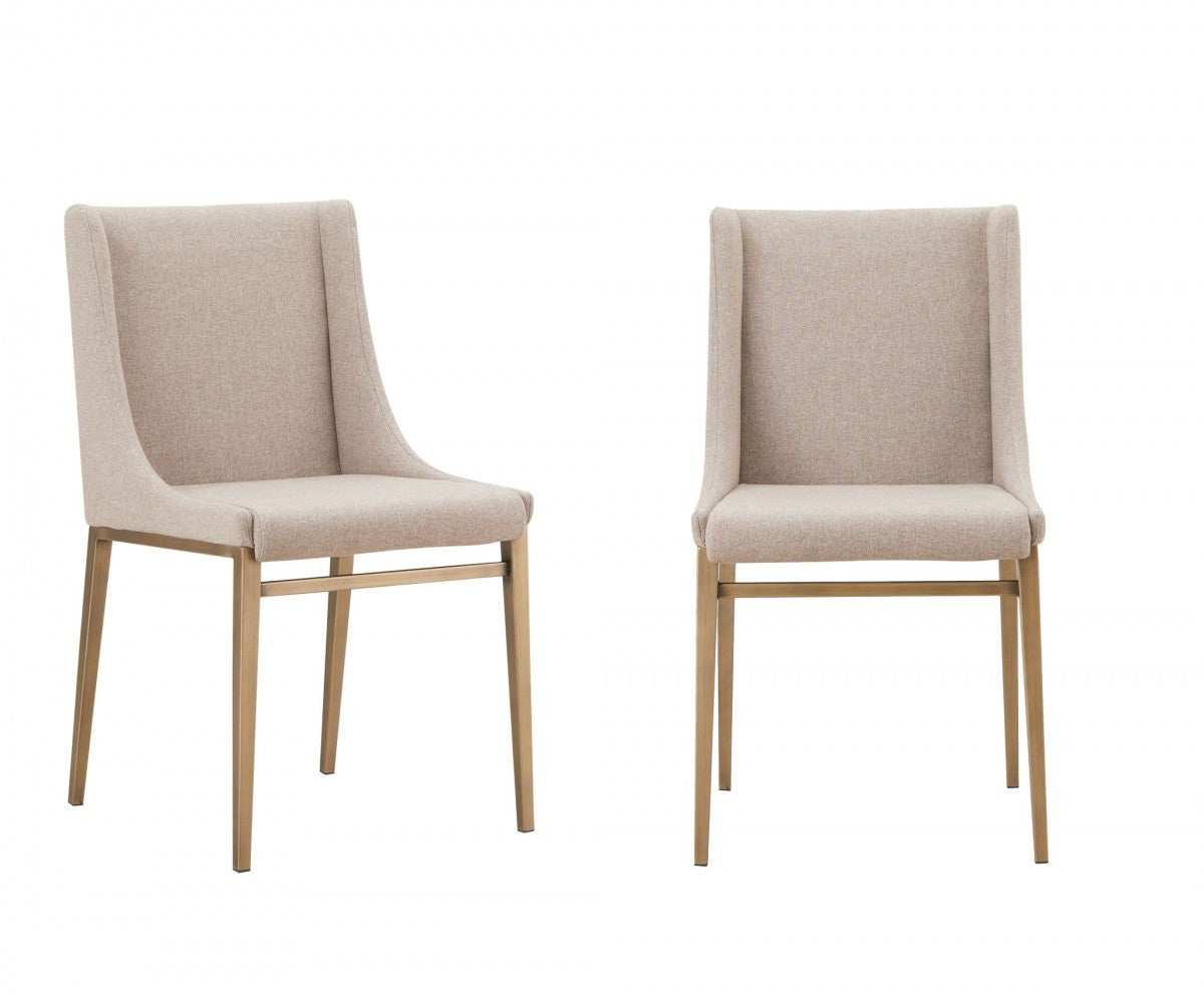 Set of Two Beige and Antiqued Brass Upholstered Fabric Wing Back Dining Side Chairs-5