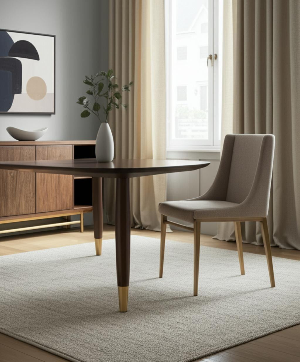 Set of Two Beige and Antiqued Brass Upholstered Fabric Wing Back Dining Side Chairs-4