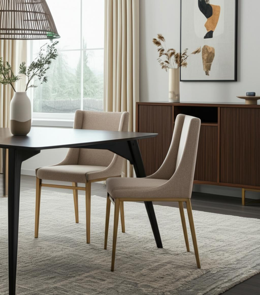 Set of Two Beige and Antiqued Brass Upholstered Fabric Wing Back Dining Side Chairs-0