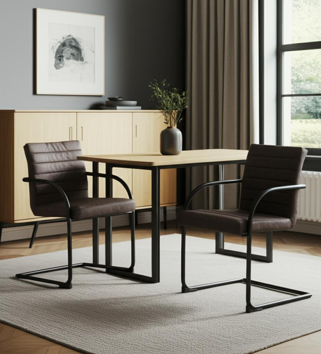 Set of Two Brown and Black Upholstered Faux Leather Dining Arm Chairs-0