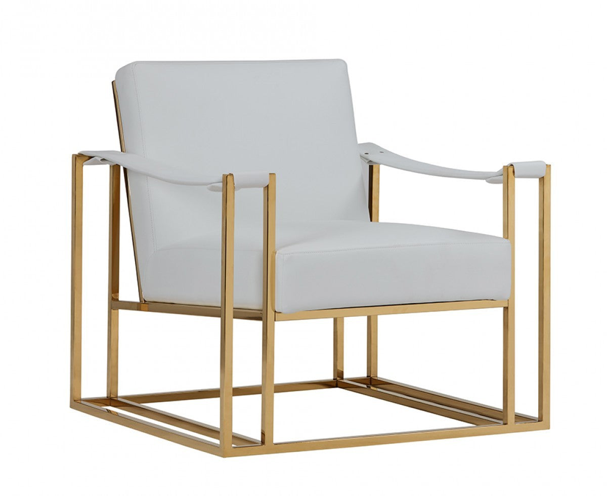 31" White And Gold Faux Leather Lounge Chair-2