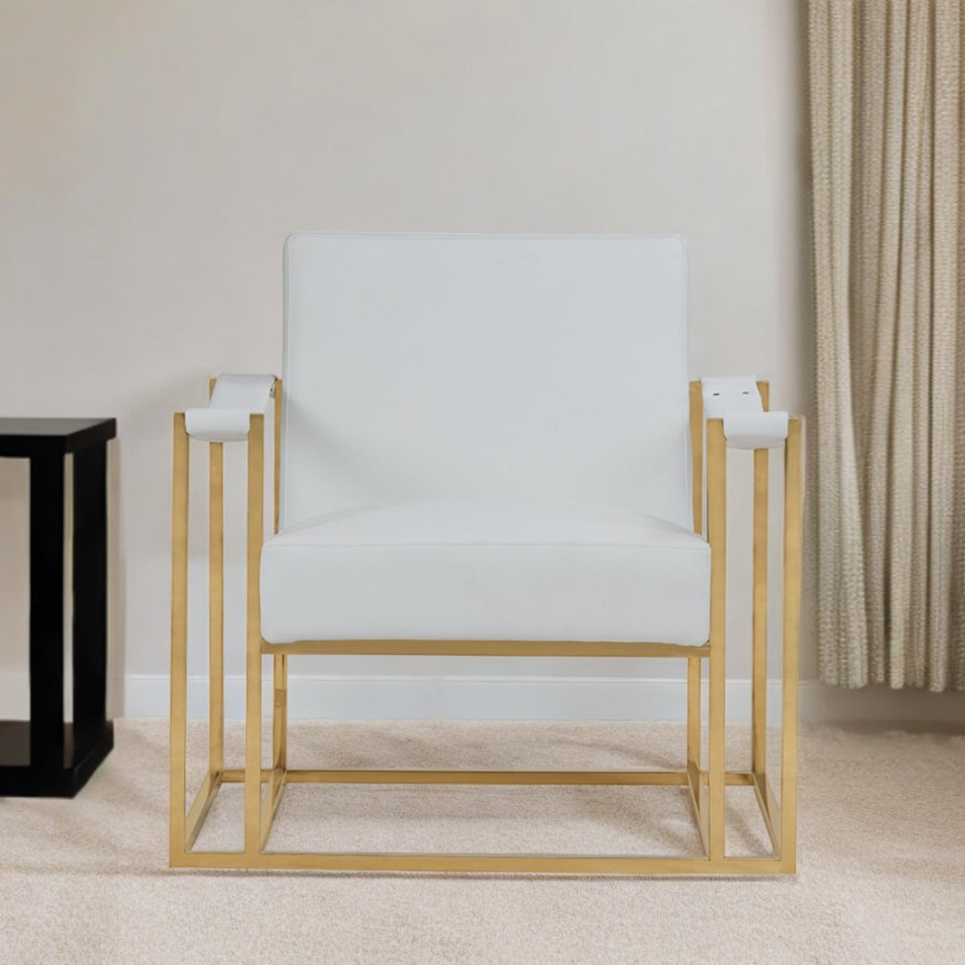 31" White And Gold Faux Leather Lounge Chair-1