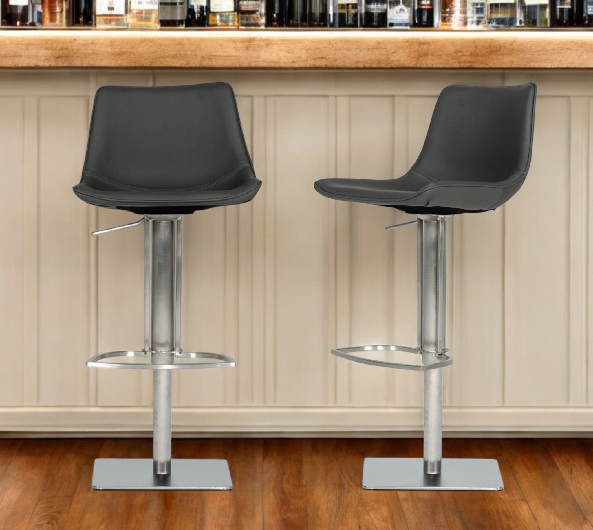29" Gray And Silver Faux Leather And Stainless Steel Swivel Low Back Bar Height Bar Chair-1